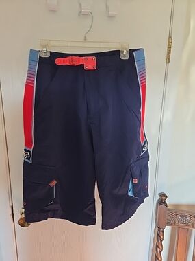 Fox Racing Navy Blue Cargo Shorts 32x12 with Red Accent Belt Pockets Unisex